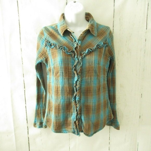 Tasha Polizzi Tops - Tasha Polizzi Pearl Snap Top S M Blue Brown Plaid Flannel Long Sleeve Western
